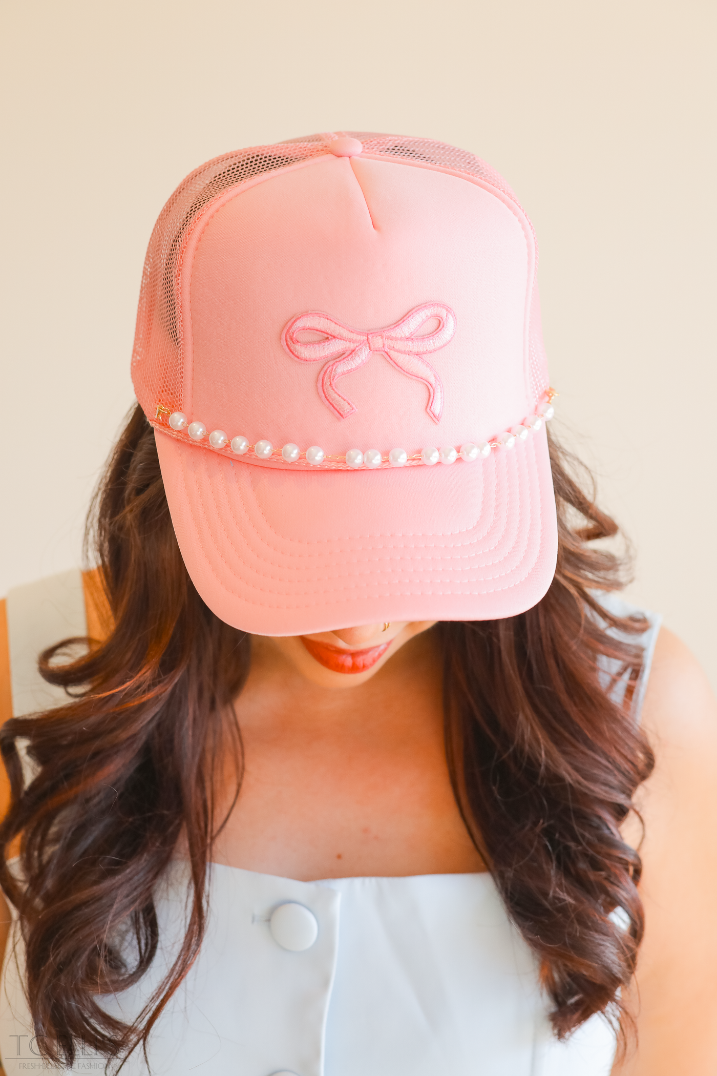 Pink Bow Hat with Pearls