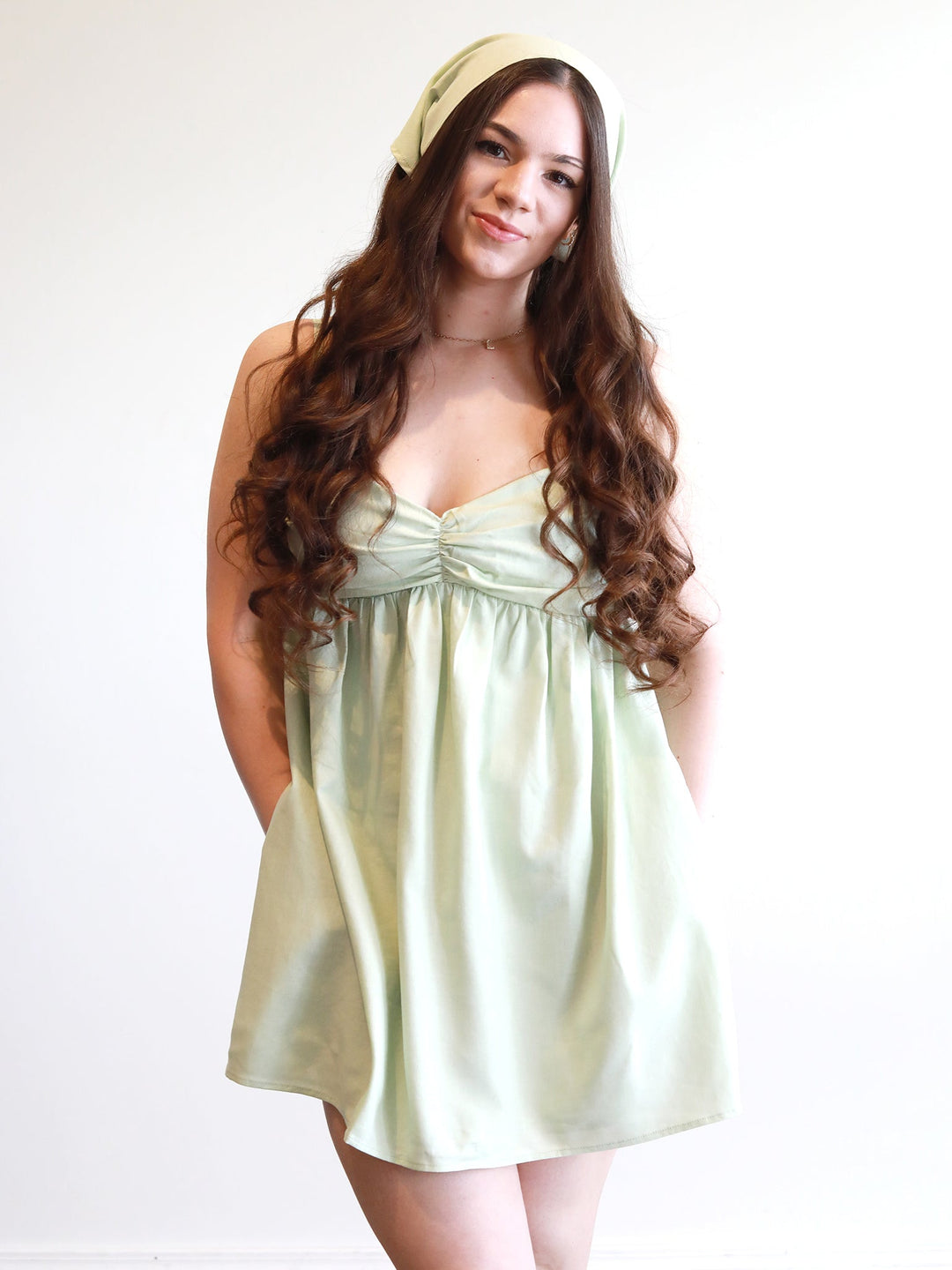 lime green babydoll dress Umgee Textured Babydoll Dress with Leopard Trim PALM GREEN / S